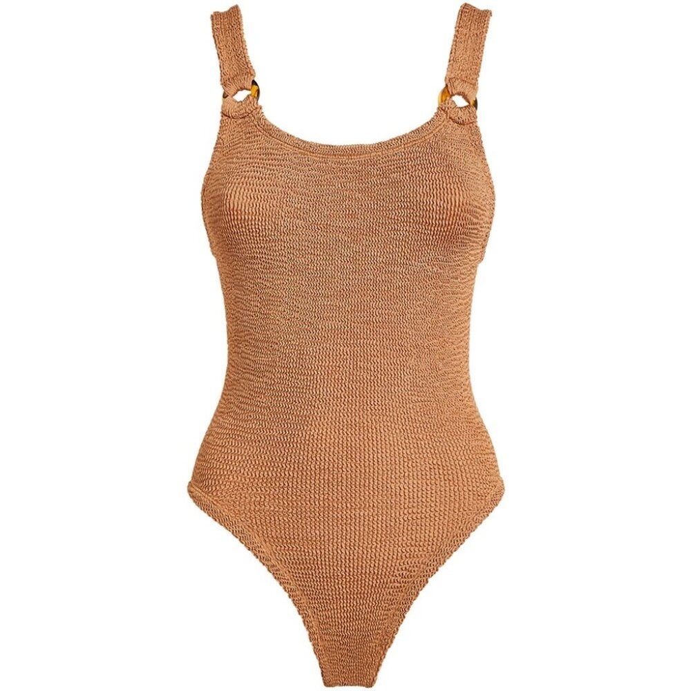 NEW Hunza G Metallic Cocoa Domino One Piece Swimsuit Brown Tan Swimwear Crinkle - Picture 9 of 10
